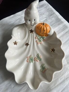Lenox White Ghost Candy Tray with Orange Pumpkin and Gold Stars